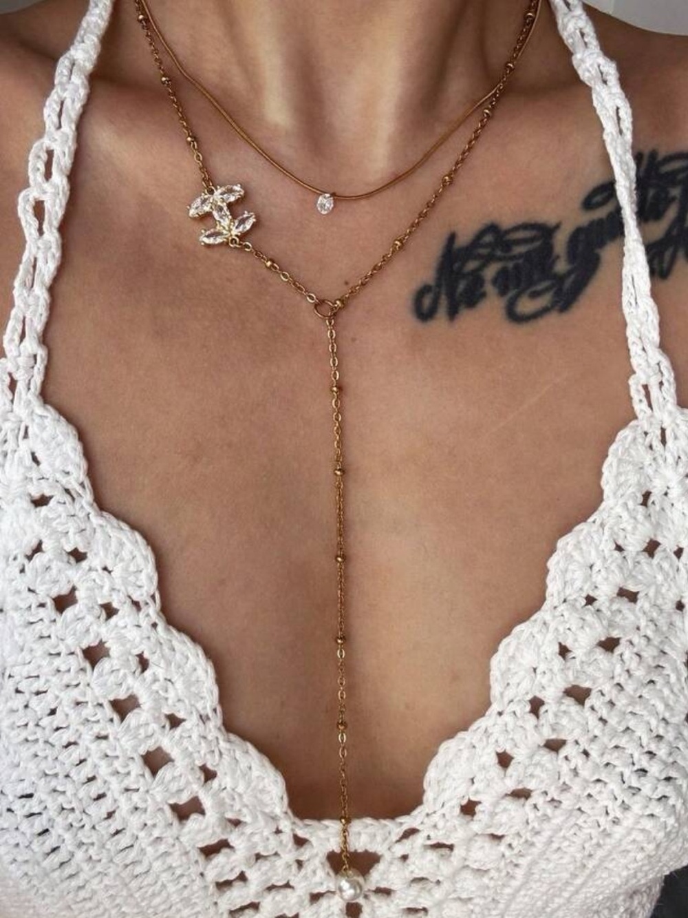 Others Follow Gold Layered Lariat Necklace with Crystal Charm